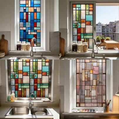 1/2 stuks kleurrijke raamfolie, abstract geometrisch patroon, statische raamfolie voor privacy, verwijderbare decoratieve raamfolie voor badkamer en keuken