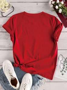 Camiseta de manga corta con cuello redondo y estampado VIVA MEXICO, estilo de comida, top casual, ropa de mujer para primavera y verano - Rojo - Ver 3