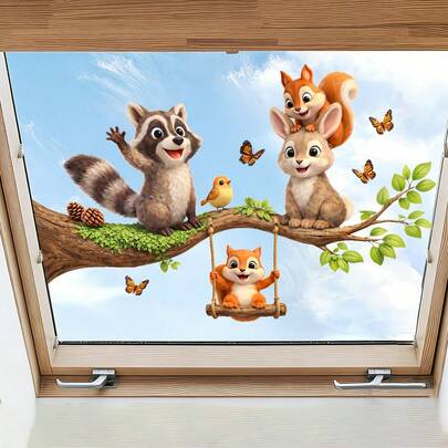 Wiederverwendbare Cartoon Wald Tier Fensteraufkleber - statische Haftaufkleber mit Waschbär, Eichhörnchen und Schmetterling, geeignet für Spielzimmer, Schulen und Kindertagesstätten, dekorativ ohne Beschädigung