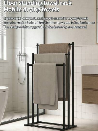 1 قطعة رف تجفيف، رف منشفة متعدد الوظائف قائم بذاته، رف منشفة من الصلب الكربوني ثلاثي الطبقات مع قضبان قابلة للتعديل، رف منظم للمناشف في الحمام بدون ثقب للمناشف المطوية والمناشف الحمام والمناشف اليدوية والمناشف الصغيرة، رف أرضي من المعدن الأسود للمنزل والفندق والسبا، قاعدة مستقرة