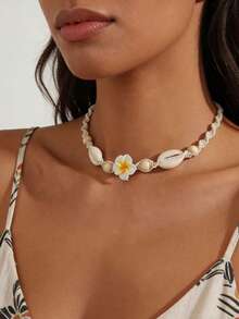 1件波西米亚风项链，沙滩项链，手工编织软陶瓷花朵贝壳项链，夏季沙滩度假配饰 - 黃色 - 查看 3