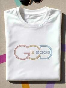 Ropa de mujer: Camiseta de mujer con estampado bordado "Dios es bueno", color contR-astante, 1 pieza, 100% algodón, camiseta vintage para mujer, estampado 2D, cuello redondo, manga corta, apta para todo el año. - Weiss - Übersicht 1