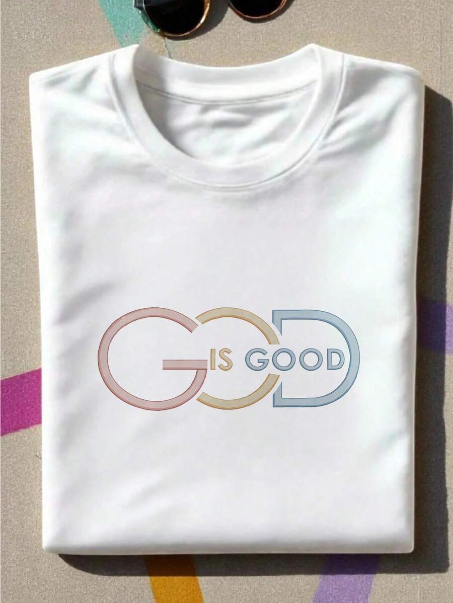 Ropa de mujer: Camiseta de mujer con estampado bordado "Dios es bueno", color contR-astante, 1 pieza, 100% algodón, camiseta vintage para mujer, estampado 2D, cuello redondo, manga corta, apta para todo el año. - Weiss - Übersicht 1