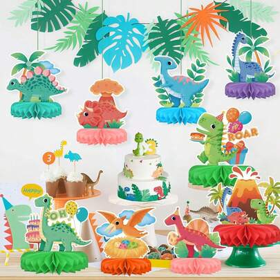 恐龙主题生日派对用品套装 - 恐龙主题桌面装饰蜂窝状中心摆件，适合恐龙主题生日派对装饰