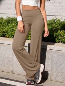 1pc Women Minimalist High Waist V-Shape Lifting Straight Wide Leg Yoga Pants - Brown - View 4