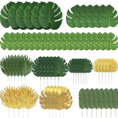 72pcs 10 Styles Artificial Tropical Palm Leaves, Monstera Leaves, Jungle Leaves With Stems, Suitable For Hawaiian, Luau, Beach, Tabletop, Wedding, Party, Birthday Theme Decor