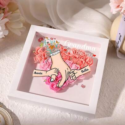 Personalised Rose Heart Shadow Box, Hand Holding Frame With Kids Names, Mothers Day Gift For Mummy,Nan,Nanna,Granny