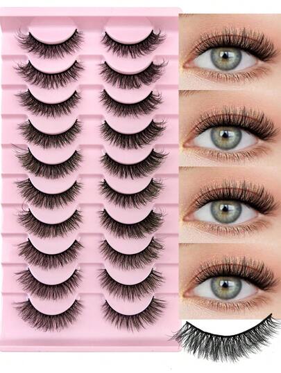 10 Pairs Cat Eye Lashes Wispy Soft Natural Look Lashes Short Lashes Strips Cat Eye False Messy Fake Lashes Natural Looking Fox Eye Fake Lashes Fluffy Faux Mink Strip Lashes