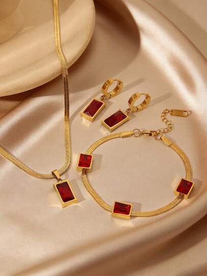 复古祖母绿/红宝石/黑宝石蛇骨项链套装 | 奢华方形锆石，可叠戴，高端时尚，适合通勤和约会 | 小众设计绿钻耳环 | 几何切割，金色镶边，适合节日、婚礼、度假，高端礼品