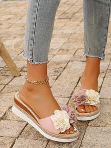 Women's Dual-Color Floral Decor Wedge Slide Sandals, Vacation Style Summer Pink PU Upper One-Piece Rope Platform Sandals, Beach Holiday Slippers, Daily Wear Flip Flops (Floral Direction Random) - Pink - View 8