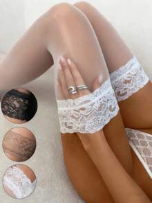 1pc Sexy Lace Trim Thigh High Stockings, Ultra Thin - Multicolor - View 2