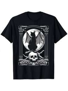 Camiseta gótica con estampado de gato y calavera para hombre y mujer - Marco de alas de murciélago en blanco y negro con letras góticas ornamentadas y silueta de murciélago - Tela elástica ligera, cuello redondo unisex, manga corta, estilo casual urbano. Camiseta de Hombre con Estampado de Anime - Camiseta Gráfica de Manga Corta - Camiseta de Moda Fresca para Verano, para Uso Casual en Todas las Temporadas ‌ Moda de Verano, Ropa Casual, Estilo Urbano, Conjuntos para el Día a Día, Cómodo, Moderno, Estilo de Vida Activo, Clásico, Look de Verano Relajado, El mejor regalo para hombres y mujeres, Ideal para Halloween, Atuendo Casual - Gótico Gra - Negro - Ver 8