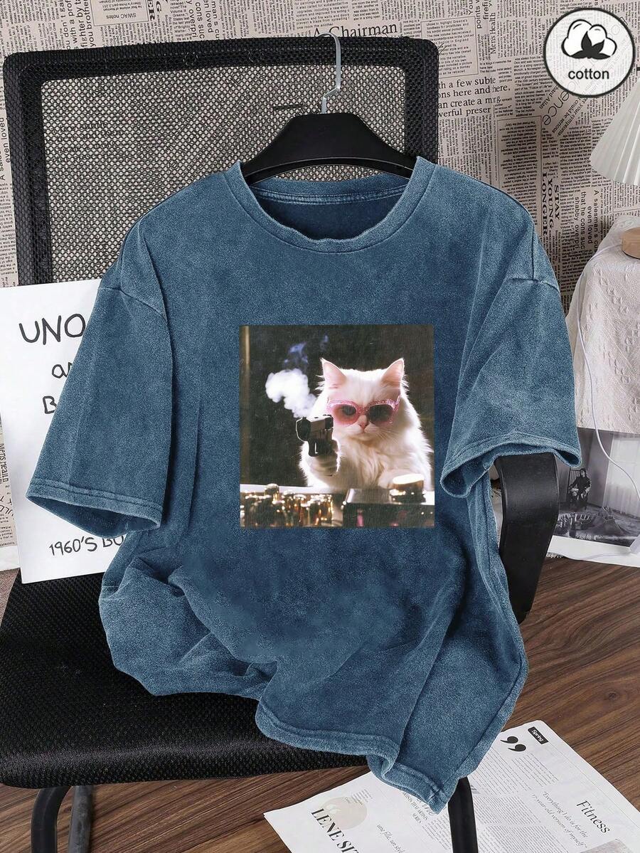 Áo thun nữ mùa hè bằng vải cotton đã qua xử lý, in hình mèo con, kiểu dáng giản dị, rộng rãi, cổ tròn, tay ngắn. - Màu xanh lam - Xem 1