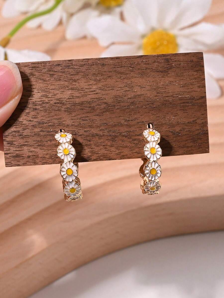 1 Pair Delicate Minimalist Luxury Oil Drop Chrysanthemum & Daisy Earrings, Suitable For Women's Daily, Commute, Vacation, Party Wear, All Seasons - Earrings - View 1