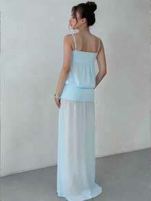 女士针织拼接雪纺褶皱下摆性感优雅时尚度假连衣裙 - 淺藍色 - 查看 5