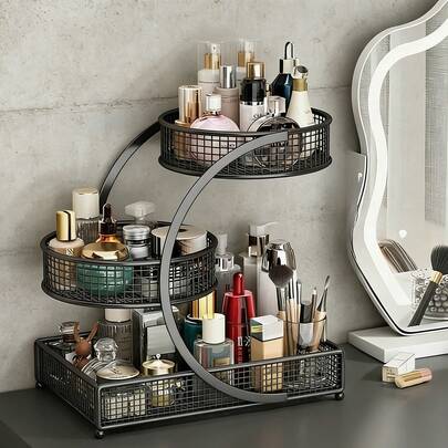 A Stylish, Lightweight Metal Cosmetic Organiser - Spiral-Shaped Vanity Rack Featuring Three Tiers Of Mesh Storage Compartments. This Space-Saving Countertop Bathroom Rack Is Ideal For Lipsticks, Skincare Products, Makeup Brushes, Bottles And Jars, And Is The Ultimate Perfume Storage Solution.