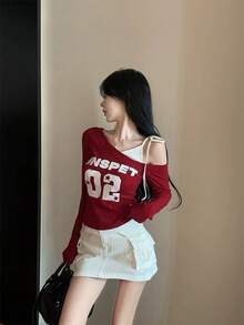 Asymmetric Collar Color Block Long Sleeve T-Shirt, Sweet & Sexy Girl Print Fitted Top For Women, Spring/Summer Red - Red - View 6