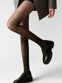 1 Pair Women's New Letter Print Black Pantyhose, Thin Sheer Tights, Black INS Nightclub Hot Girl Fashion, Y2K Punk Style, Perfect For Festivals & Rock Music Festivals - Black - View 5