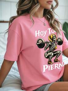 [Lunar Apex]Women's Casual Fitness Graphic-Shirt - Hoy Toca Pierna Skeleton Weightlifting Design, Black Short Sleeve Tee Spring/Summer - 粉色 - 查看 5
