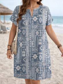 Plus Size Loose V-Neck Floral Print Short Sleeve Dress, Suitable For Spring/Summer Beach Vacation Elegant - Dusty Blue - View 6