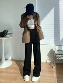 Women's High-Waisted Wide Leg Pants, Slim Fit, Crease-Front, Casual/Office Wear, Spring/Summer - Black - View 4