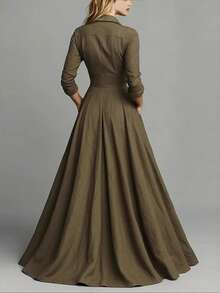 Vestidos Elegantes Para Fiesta Dress For Women Casual Long Sleeved Dress Shirt Dress Elegant Collared Button Down Maxi Dress, Linen Textured A-Line Dress With Pockets, Ideal For Office, Vacation & Casual Daily Wear - 軍綠色 - 查看 4