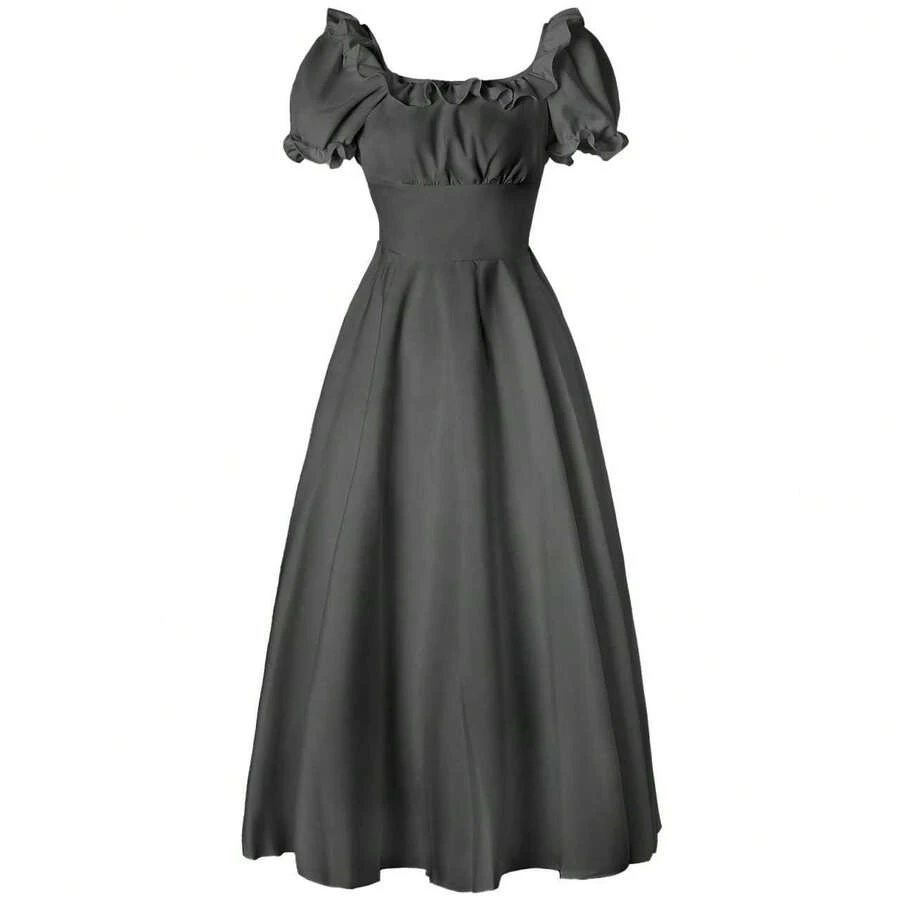 法式黑色束腰连衣裙，荷叶边方领花瓣袖，复古宫廷风长裙 - 黑色 - 查看 1