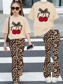 2 Stücke Mädchen Leopard- und Kirschprint Kurzarm T-Shirt und Weite Hose Set, modisches Lässig Outfit geeignet für Frühling/Sommer - Verschiedenfarbig - Übersicht 2