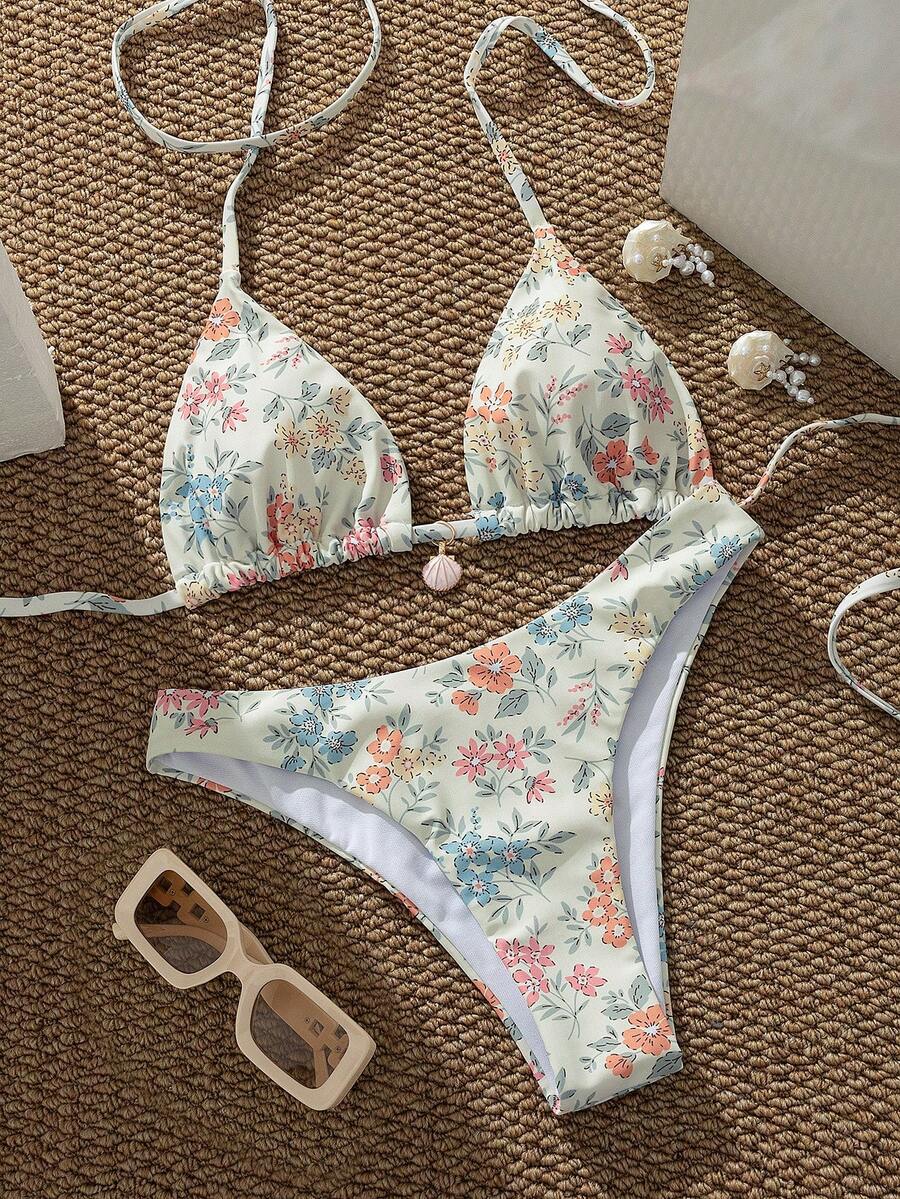 2 pièces Ensemble de bikini à fleurs Ditsy pour femmes - Top de maillot de bain à bretelles triangulaires avec pendentif coquillage, bas de maillot de bain tanga à taille haute, maillot de bain d'été mignon pour vacances à la plage - Multicolore - Voir 1