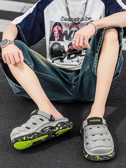 Casual PU Cushioned Camouflage Neon Accent Clogs - Adjustable Strap Waterproof EVA Men's Sandals, Suitable For Street Style And Outdoor Adventure