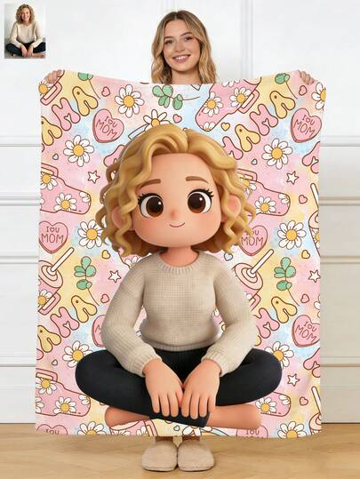 1pc Custom 3D Cartoon Photo Blanket, Personalized Mother's Day Gift For Mom, Customized Face & Text Flannel Throw Blanket, Soft Cozy Blanket For Sofa Bed, Unique Gift From Daughter/Son