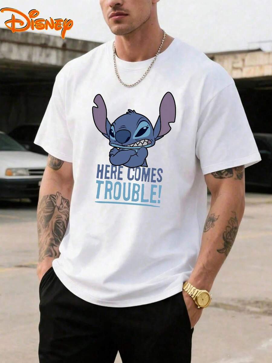 Disney Men's Casual T-Shirt, Stitch "Here Comes Trouble" Print, Playful & Bold Design, Ideal For Lilo & Stitch Fans & Daily Wear - White - View 1