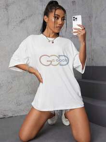 Ropa de mujer: Camiseta de mujer con estampado bordado "Dios es bueno", color contR-astante, 1 pieza, 100% algodón, camiseta vintage para mujer, estampado 2D, cuello redondo, manga corta, apta para todo el año. - Weiss - Übersicht 4