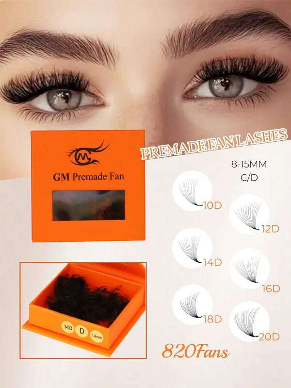 1box 820PCS Pointy Base 10D/12D/14D/16D/18D/20D Premade Fans Eyelash Extensions. Middle Stem Lashes Extension Premade, Handmade Fans, 0.05MM C Curl Mix Length 8-15mm For Professional Use