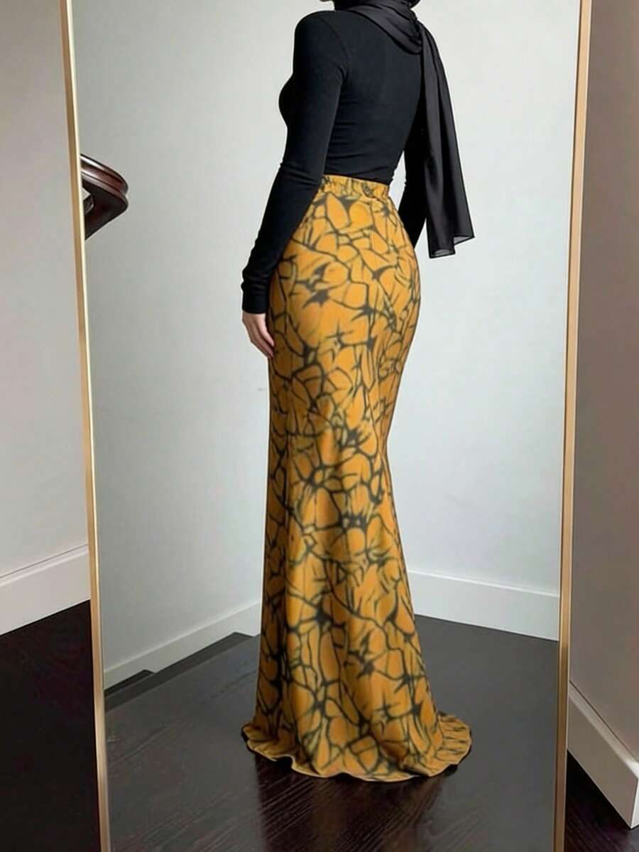 女士优雅印花美人鱼裙两件套，穆斯林风格长袖上衣和长裙套装，适合度假和春季穿着 - 黃色 - 查看 1