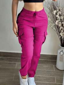Women's Fashion Elegant Solid Color Casual Pocket Elastic Waist Drawstring Cargo Pants - Màu Hồng Tươi - Xem 2