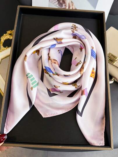 1 Pc Cute Sausage Dog Print Animals Print Hijab Thin Sunscreen Shawl Women Hair Kerchief Imitation Silk Square Scarf Handbag Suitable For Beach, Street, Daily, Vacation,Decoration Ribbon.