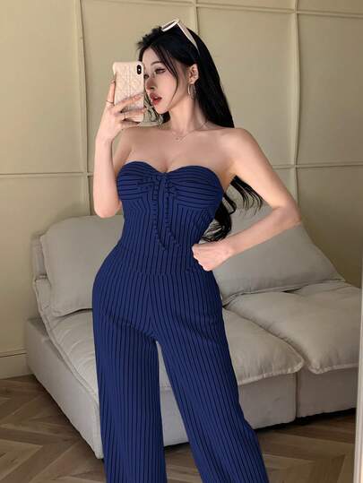 abyoxi 藏蓝色不对称扭腰吊带背心+阔腿裤两件套，条纹提花面料，休闲时尚，适合年轻女士春夏日常通勤穿着