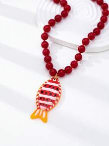 1pc Red Beaded Crab & Fish Pendant Necklace - Bold Ocean Style Statement Necklace With Marine Life Pendant - Beach Vacation Jewelry For Women - Multicolor - View 3