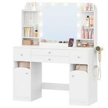 HaluPeit Vanity Desk With HD Mirror And Led Light, Makeup Vanity With Power Strip, 42.5'' Large Tabletop, Dressing Table With 4 Drawers, 2 Open Storage Cabinets, With Jewelry Storage, White - 白色 - 查看 11