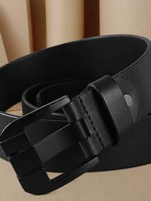 Men's Simple Automatic Buckle Belt, Real Leather Imitation Material, Textured Grid Pattern, Fashion Design, Casual Clothing - Gun Black - View 2