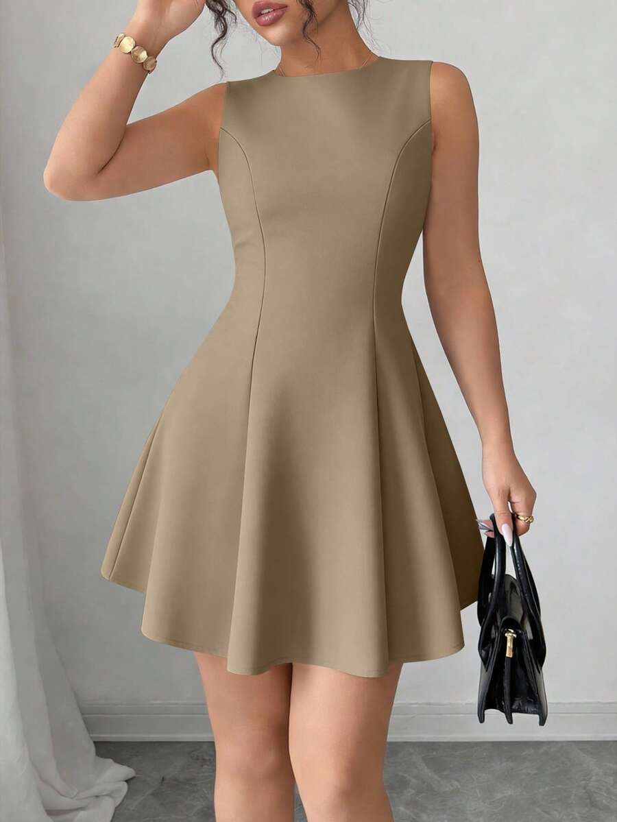 Women's Summer Dresses Elegant Sleeveless Boat Neck A Line  Formal Cocktail Party Wedding Guest Graduation Vacation Mini Khaki Dress Club Outfits For Women - 卡其色 - 查看 1