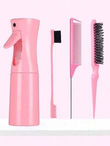 4pcs Spray Bottle & Comb Set, Includes 1 Spray Bottle, 1 Tail Comb, 1 Eyebrow Brush, 1 Volumizing Brush, Unisex, Wet & Dry Use, Suitable For Curly, Parting, Coarse & Fine Hair Care, Makeup, Black 5pcs, Christmas/Back To School Gift Set YB17 - 4 chiếc màu đen + tím - Xem 1