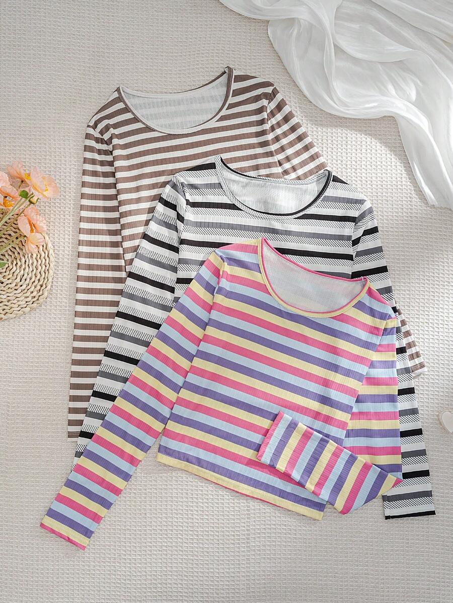 3件套女士条纹长袖T恤睡衣上衣，休闲舒适 - 彩色 - 查看 1