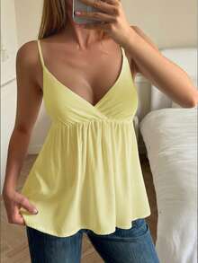 女士Y2K风格V领纯色吊带背心，性感休闲街头风居家服，黄色夏季款 - 黃色 - 查看 9