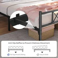 4ft6 Double Bed, Metal Platform Bed Frame Solid Bedstead Base With Cross-Design Headboard - Black - View 8