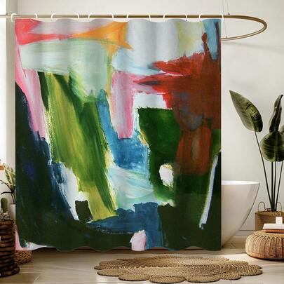 Bộ 1/4 rèm tắm graffiti, rèm tắm đơn chống thấm nước phong cách mùa lễ hội đầy màu sắc, bộ trang trí phòng tắm bao gồm rèm tắm chống thấm nước, thảm chống trượt, nắp bồn cầu, thảm phòng tắm và 12 móc nhựa, rèm ngăn cách khu vực khô và ướt trong phòng tắm.