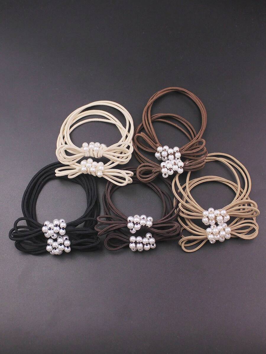 10 Stücke/Set 5 Farben Lässig Schleife Elastische Haargummis, handgemachte Haarband mit Kunstperlen, geeignet für alle Jahreszeiten, vielseitige Scrunchies Haargummis für Pferdeschwanz, Haargummis - Verschiedenfarbig - Übersicht 1