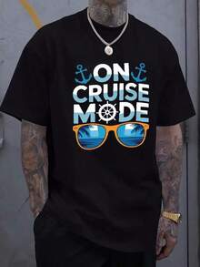 Men'S Cruise Mode Graphic T-Shirt - Black With Blue Anchor & Glasses Print, Summer Vacation Travel Tee, Casual Short Sleeve, Regular Fit, Perfect For Beach & Poolside, Vacation T Shirt - 黑色 - 查看 6