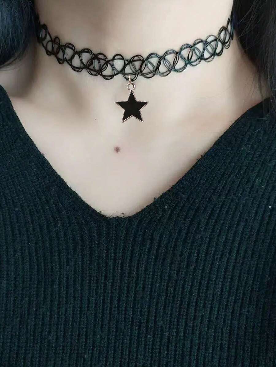 1pc Handmade Woven Dark Style Fish Line Five-Pointed Star Tattoo Pendant Choker Necklace, Retro Collarbone Chain For Women - Black Pentagram Pendant - View 1
